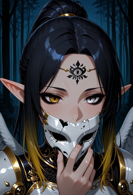 1girl, solo, mature, elf ears, black hair, (ponytail hair:0.9), long hair, gradient hair, yellow hair, heterochromia, white eyes, yellow eyes, gradient eyes, (black eyes:0.5), close up, portrait, white wings, furled wings, half oni mask, white mask, gold accents on the mask, (broken mask, missing mask parts), holding mask, white armor, armor with black and gold accents., runic tattoo on forehead, black nails, long fignernails, goth, black eyeshadow, black eyeliner, forest outdoors, night, (dark, dark lighting:1.3), 
(masterpiece:1.1), best quality, absurdres