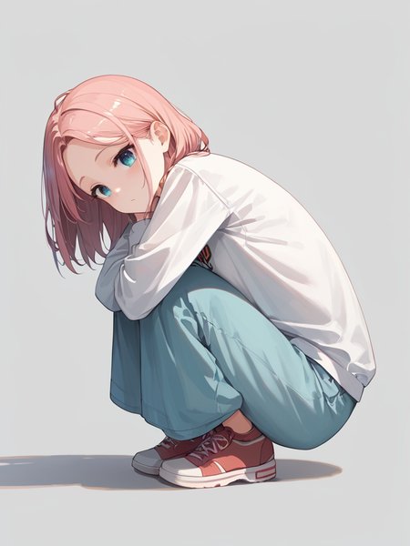 score_9, score_8_up, score_7_up,source_anime, high res image,masterpiece,best quality,girl,cute face,clear skin,shiny hair,ultra detailed eyes,simple background, <lora:crouching_pony_V1.0:1> crouching, rounding the back