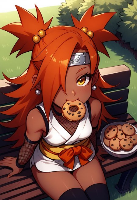 score_9, score_8_up, score_7_up, score_6_up, score_5_up, score_4_up, source_anime, rating_safe, chouchou akimichi, 1girl, dark-skinned female, (toned body, navel:0.7), orange hair, hair over one eye, two side up, long hair, yellow eyes, satisfied, enjoying food, happy, hair bobbles, white kimono, short kimono, sleeveless kimono, yellow obi, orange sash, fishnets, detached sleeves, black thighhighs, forehead protector, jewelry, earrings, eating, cookie, food in mouth, looking at viewer, sitting, park bench, grass, cowboy shot, front view, polyle