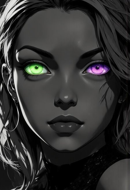 diclrpp, A striking close-up portrait of a beautiful woman's face in dramatic monochrome, with every element rendered in rich black and white tones except for her mesmerizing eyes. Her left eye glows with an intense light green luminescence while her right eye radiates a deep, vibrant purple - both eyes wide open and staring directly at the viewer with hypnotic intensity. Her gaze is simultaneously alarming and captivating, creating an immediate emotional connection with anyone who views the image. Her facial features are classically beautiful with high cheekbones, perfectly defined lips, and flawless skin texture enhanced by the high-contrast grayscale treatment. Dramatic shadows emphasize the contours of her face while spotlight-like lighting creates sharp highlights on her features. Her expression conveys both power and mystery, with slightly parted lips suggesting she's about to reveal a secret. Delicate wisps of her hair frame her face in silver and obsidian tones, with individual strands catching the light. The stark monochrome setting makes the glowing colored eyes even more striking, their unnatural illumination suggesting supernatural qualities or enhanced perception beyond normal human capability. j_art