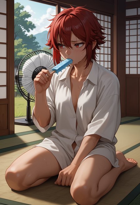 white shirt, shirt only, buttoned shirt, collarbone, oversized clothes, oversized shirt, sweating, sweat, tired, sitting, wariza, legs apart, kneeling, eating, popsicle, electric fan, wind, indoors, eastern architecture, tatami, score_9, score_8_up,score_7_up, source_anime, 1girl, solo, <lora:aizwtm_pdxl_EliPot:1>, aizawatomo, red hair, short hair, red eyes, tomboy, toned, muscular female,