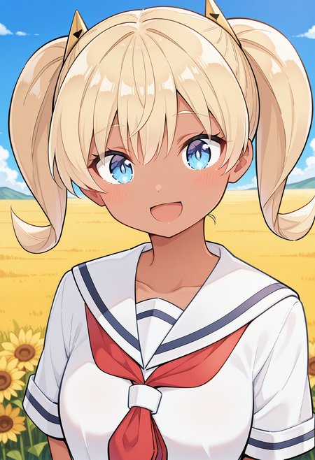 1girl, solo, (field:1.2), (blue sky:1.2), looking at viewer, smile, 
saotome_kanon, blue eyes, blonde hair, twintails, dark-skinned female, dark skin, school uniform, serafuku, red neckerchief, white sailor collar, short sleeves, <lora:saotome_kanon_illustrious_ver1:0.8>, masterpiece, best quality, general,, (upper body:1.2), (close-up:1.2), (facing viewer:1.2), (open eyes:1.4), (portrait:1.2)