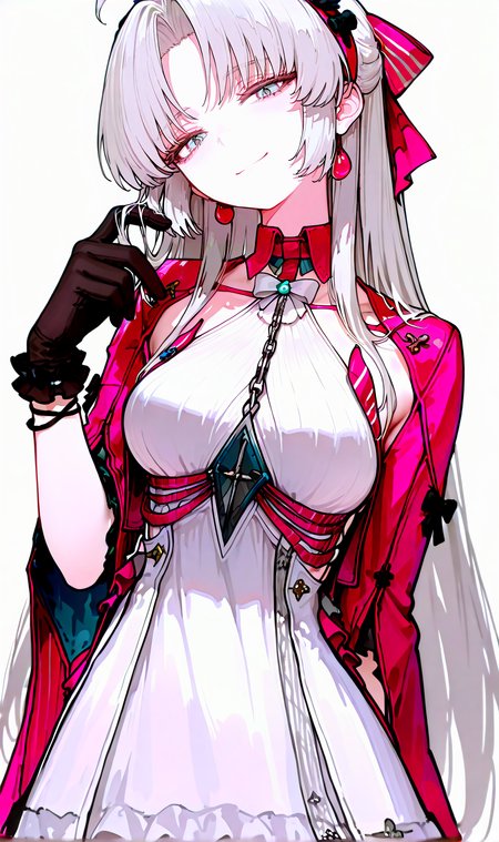 (masterpiece, best quality, very awa, newest, very aesthetic, highres, absurdres:1.2), simple background, white background, <lora:748cmXLillokrV5311P:0.6>,  <lora:ç¦è¶forill:0.4> BREAK
1girl, solo,<lora:carlotta (wuthering waves)_nb11-xl:0.5> carlotta \(wuthering waves\), carlotta, pink jacket, white bow,parted bangs, white hair,white dress,black bow,two-tone bow,medium breasts,sidelocks,hairband,collarbone, head tilt, 
looking at viewer, smile, closed mouth, standing, hand up, cowboy shot,  <lora:carlotta-wwIL-v1a:0.5> pink hair bow, black gloves, BREAK 
<lora:spo_sdxl_10ep_4k-data_lora_webui:0.85>, , <lora:add-detail-xl:0.3> ,<lora:illustrious_noobai_epsilon_pred_1_best_quality_v1:0.75>, 
<lora:ponyv6_noobE11_2_adamW:0.5>, <lora:HandFixer_pdxl_Incrs_v1:0.5>, handfixer,