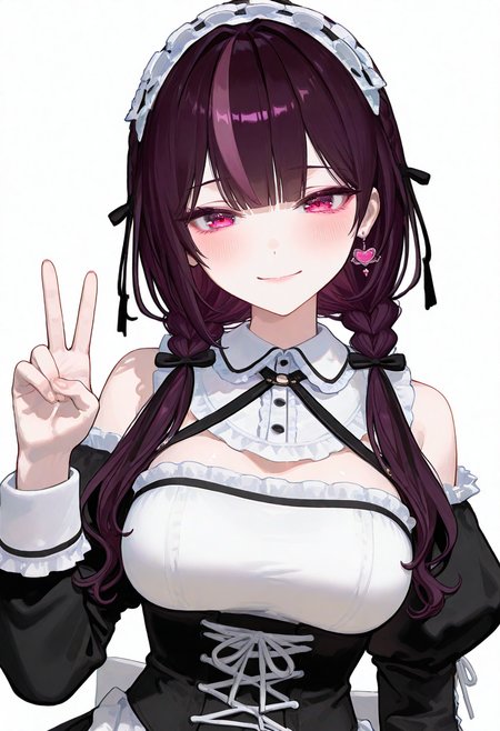 large breasts, detailed body, detailed eyes, narrow waist,,
mature female, korean, korean idol, jururu, virtual youtuber, 
(pale skin:1.1), (blush:1.2), looking at viewer, light smile, 
upper body, (close-up:1.3), 
(1girl, solo:1.1), v, white background, simple background, 
(complexion:1.2), healthy glow, long waist, long legs, 
masterpiece, best quality, good quality, newest, very aesthetic, absurdres,
<lora:ì£¼ë¥´ë¥´_ë©ì´ë_ì£¼ë©ì´ë__Jururu_Maid:0.7> maidruru, pink streaked hair, purple hair, low twintails, pink eyes, pink earrings, frills, maid headdress, maid apron, maid, bare shoulders, dress, long sleeves,