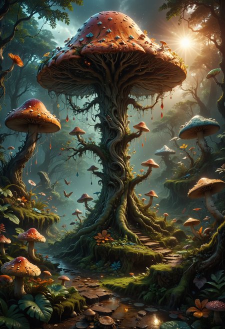 A semi-precious stone that has a shape like living plants, As you wander through the stormy field of mushrooms, the dark jungle comes alive with fearful and chaotic colors and exotic creatures. The love for nature is evident in every detail, from the intricate patterns on the leaves to the playful chirping of birds and trumpets. In the distance, the sound of trumpets while the gentle notes of flutes guide your steps towards the grand, majestic tree at the heart of it all. style 3D rendering, style photorealistic, style trippy dmt, sunshine fractal vibes,colourful sunset in the background, vector graphics, sharp focus, background living, light spotlight, detail, redwoodtree view, shamanic jungle vibes. At least u feel full of darkness. Flash, storm and acid spiral. Mushrooms of darkness.
<lora:add-detail-xl:0.35> <lora:MJ52:0.18> <lora:ral-anmwrlds-sdxl:0.3> ral-anmwrlds <lora:ral-porcelain:0.4> ral-porcelain <lora:ral-cltc:0.1> ral-cltc <lora:ral-dissolve:0.25> ral-dissolve <lora:zavy-mthcl-sdxl:0.2> <lora:SDXLFaeTastic2400:0.2>  <lora:WildcardX-XL-Detail-Enhancer:0.5>