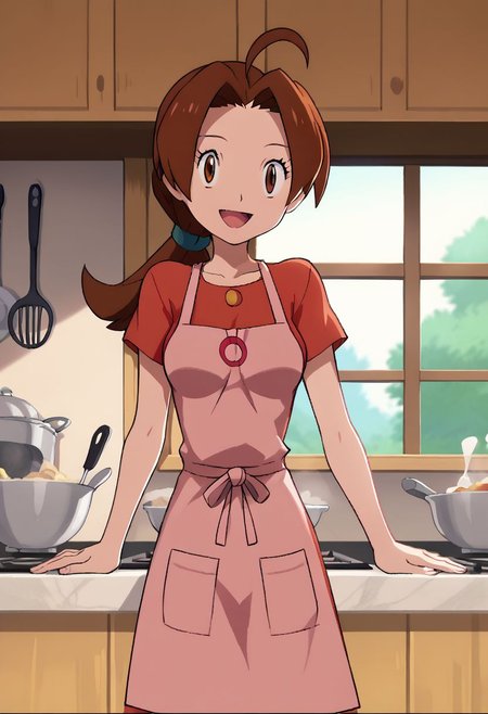 source_anime, rating_explicit, score_9, score_8_up, flat colors, anime screenshot, anime screencap, deliaketchum, brown hair, brown eyes, parted bangs, ahoge, ponytail, low ponytail, medium breasts, looking at viewer, smile, open mouth, kitchen, apron , short sleeves, indoors
