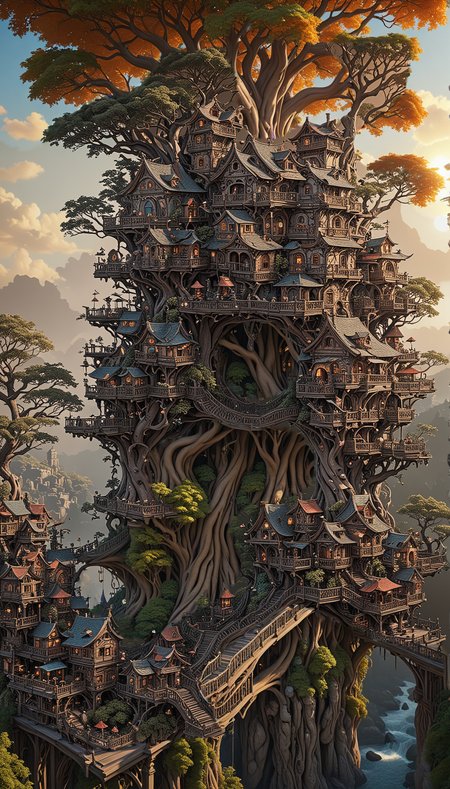 a wonderous and beautiful fantasy world with the Tree House Mansion Village, Multiple Bridges, sun, in the day, insanely detailed and intricate, hyper maximalist, elegant, hyper realistic, super detailed, vivid colours, sunrise, ornate, dynamic, articulate, 8K, <lora:3D_Framed_Wall_Art_-_By_DICE:0.6>, (Framed 3D, 3d Tree), EPIC,  Painstaking Attention To Detail, UHD