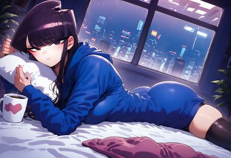 score_9,score_8_up,score_7_up,score_6_up, 1girl, 
 sitting in bed next to a large window, steaming coffee cup on windowsill, wearing croptop hoodie, black croptop hoodie, long hair, black hair, komi, Komi Shouko, (anime : komi cant communicate), pov from outside, view from putside the window looking into the room, looking out window, head resting on pillow laying on the bed, hoodie, plants on the windowsill, looking out the window, looking at viewer, background is the bedroom, tidy bedrrom, small room, cramped bedroom, teddies on the bed,, wearing legging, see through thights, black tights, cyberpunk city view out of the window, neon light, purple neon lights, has a cat teddy, is hugging a cat teddy,