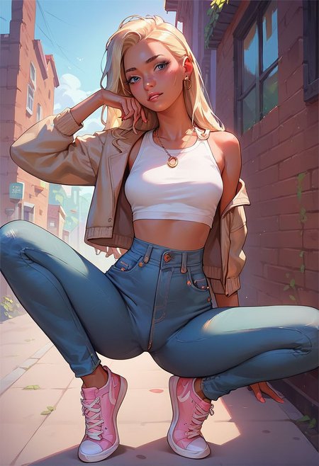 score_9, score_8_up, score_7_up, score_6_up, rating_explicit, (1girl), skinny blonde, sneakers, high-waist jeans, crop top, tan Jacket