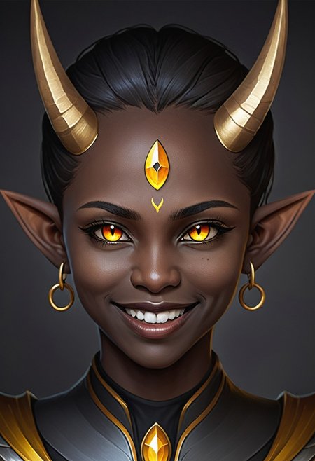 Te'kharoth, third eye, portrait, yellow eyes, horns, pointy ears, dark skin, smile, 1girl, solo, armor, necklace, tiara,