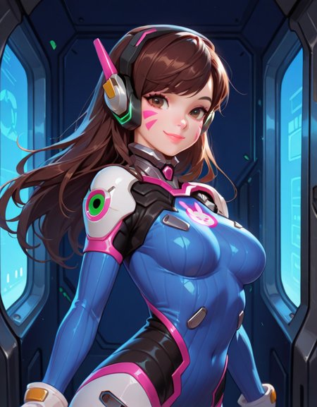 masterpiece, best quality, amazing quality, very aesthetic, absurdres,  newest, detailed background, cowboy shot, 4k, 8k, 
dvaxd, 1girl, solo, whisker markings, bodysuit, brown hair, long hair, facial mark, breasts, headphones, bunny print, brown eyes, skin tight, gloves, smile, facepaint, looking at viewer, white gloves, ribbed bodysuit, bangs, pilot suit, medium breasts, lips, blue bodysuit, shoulder pads, swept bangs, pink lips, from side
 <lora:D.Va_-_Overwatch_Illustrious:1>