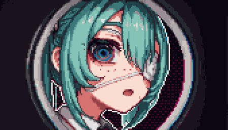 1girl,  hatsune miku, hmmonitoring, peephole pose, peephole, solo, (freckles:1.05), looking at viewer, open mouth, bangs, shirt, hair between eyes, white shirt, necktie, collared shirt, formal, close-up, chromatic aberration, dark, dark background, (medical eyepatch:0.9), glitch, 
(eye focus, from side, looking at viewer, looking to the side:1.2), 
rating safe, torriet, white outline, anaglyph, dotted background, abstract background, 
masterpiece, best quality, amazing quality, newest, <lora:Hatsune_Miku_Monitoring:1.0> <lora:midnight_girls_r_-_pixel_art_style:1.0>