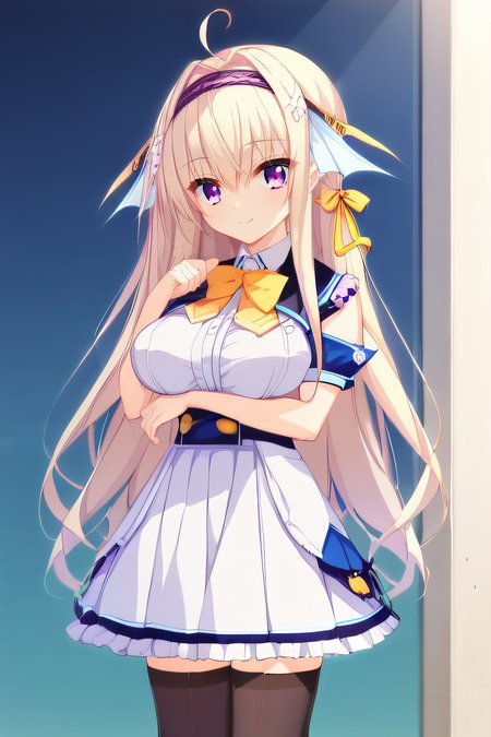 score_9, score_8_up, score_7_up, source_anime, rating_safe, intricate details, anime screencap, official style, 1girl, solo, <lora:Tenkawa_Mitsuki:1>, mitsuki, light hair, ahoge, purple eyes, hairband, large breasts, school uniform, yellow ribbon, white skirt, black thighhighs, breasts hold, smile, cowboy shot