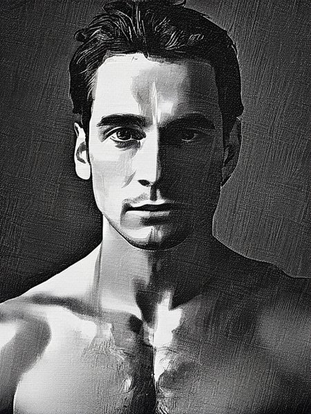 A man with a perfect face, shoulder portrait, <lora:Pencil_Cross_XL-000007:1>