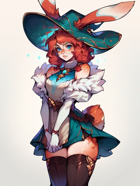 score_9, score_8_up, score_7_up, score_6_up, score_5_up,  <lora:AuroraLOLXLP:1> auroralol, 1girl, solo, rabbit ears, round eyewear, blue eyes, freckles, hat, gloves, tail, thighhighs, red hair, dress