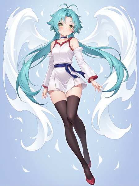effect veiler,1girl,solo,smile,red shoes,looking at viewer,collarbone,closed mouth,full body,blush,blue background,blue choker,white sleeveless dress,white detached sleeves,blue sash,black thighhighs,see-through angel wings,floating,
masterpiece,best quality,amazing quality,very aesthetic,absurdres,newest,<lora:Effect Veiler illusXL v1:0.73>,