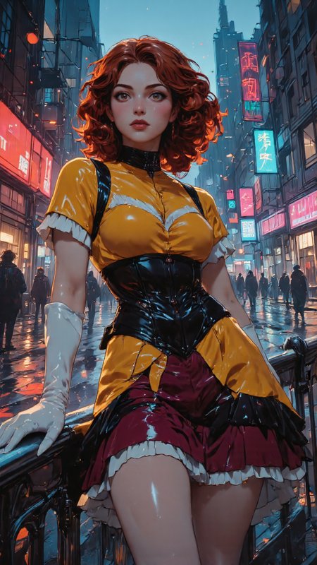 enistyle, 1woman, ultra-detailed rendering, semi-realistic anime, soft lighting, high-gloss reflections. A stunning young woman with large, expressive, cute eyes stands confidently in an open-air urban setting at dusk, her elaborate latex dress gleaming under the ambient city lights. The structured corset bodice in deep black hugs her figure, accentuated by vibrant yellow panels that contour her shape. The short, flared skirt features alternating glossy black and vibrant burgundy latex ruffles, trimmed with delicate white frills that catch the city lights with every movement.  
Her long auburn hair is styled into tight, voluminous drill curls, each lock coiling perfectly in glossy, spiraled perfection. The curls bounce lightly with her movements, catching the surrounding neon reflections and adding a dynamic, luxurious texture to her look. The deep red undertones of her hair contrast beautifully with the cool city lights, making her stand out against the urban backdrop.  
Her long, glossy white latex gloves extend past her elbows, their smooth, high-shine surface reflecting the surrounding neon lights. The contrast between the stark white gloves and the bold colors of her dress adds a refined yet futuristic edge to her ensemble.  
Hints of vibrant orange streak across the sceneâfaint reflections of neon signage on the latex fabric, the distant glow of streetlights, and the warm, golden undertones in the evening sky. A gust of wind lifts the edges of her frilled mini-skirt slightly, emphasizing the delicate yet striking balance of elegance and allure. Her thigh-high latex stockings seamlessly blend into the glossy aesthetic, catching the last rays of sunlight as they fade into the neon-lit night.  
She leans casually against a reflective metal railing, the surface mirroring the cool blues and fiery oranges of the surrounding environment. In the distance, blurred figures move along the streets, their silhouettes lost in the bokeh of city lights. The wet pavement beneath her reflects the warm glow, adding depth and contrast to the sleek latex aesthetic. The atmosphere is a fusion of futuristic energy and urban elegance, balancing high-gloss fashion with the raw beauty of an open, neon-drenched world.   <lora:ILLUSTRATION_(FLUX)_-_V3.1:0.5> <lora:Anime_Art_V3:0.6> <lora:anotherdysto02-000019:0.9>
