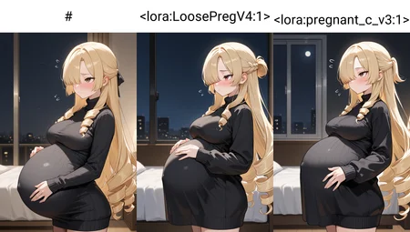 masterpiece, best quality, absurdres, 1girl, blonde hair, very long hair, ringlets, half updo, parted bangs, blunt ends, tsurime, brown eyes, hair over one eye, medium breasts, black sweater, pregnant, big belly, standing, closed eyes, flustered, looking up, from side, cowboy shot, night, bedroom, safe
<lora:Pregnancy_Slider:1.2>