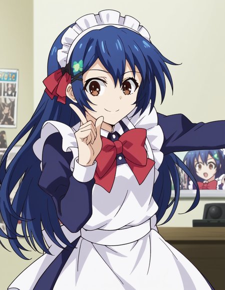 score_9, score_8_up, score_7_up, source_anime, <lora:shiori-itsuka-s2-ponyxl-lora-nochekaiser:1>, shiori itsuka, long hair, hair ornament, brown eyes, blue hair, hairclip, otoko no ko,, long sleeves, dress, bow, frills, bowtie, apron, red bow, maid, maid headdress, crossdressing, enmaided, otaku room, posters, anime figures, computer, cluttered, smile, <lora:hoshino-ruby-dance-ponyxl-lora-nochekaiser:1>, hoshino ruby dance, finger wagging, index finger raised, dancing, outstretched arm,, looking at viewer, solo,, dutch angle, cowboy shot