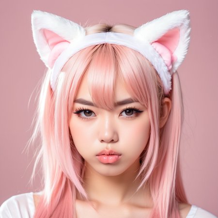 Portrait of a beautiful anime girl pouting at the camera, wearing cat ears, colors pastel pink and soft white, style detailed anime, mood cute, lighting bright studio light, perspective frontal view, texture silky hair and smooth skin, high resolution