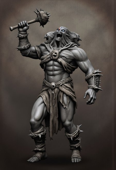aidmaMJ6.1, Made out of paper, a PaperStyle , d4artstyle, d4concept, , d00mstyle, made of clay, ZBClay model of a gray sculpture
A hulking giant with a grotesque appearance, standing tall with a muscular build. The creature has a distorted form, featuring two heads, each snarling with a vicious expression. Its skin is rough and scarred, showing signs of battle wear and primitive lifestyle. The giant wears a mix of crude, tattered clothing made from animal hides and bones, with makeshift armor pieces strapped across its body. One massive hand grips a heavy club studded with jagged spikes, while the other raises a makeshift shield crafted from animal skulls and thick hide. Its long, sinewy arms extend down to clawed fingers, giving it a menacing, beastly quality. The faces display a mixture of rage and primal hunger, with tusks protruding from the lower jaws. The overall design emphasizes brutality and raw power, blending elements of barbaric warrior and monstrous abomination.
Background solid color with a faded dimly lit, fog-covered darkness tone that emphasizes its silhouette. 
 The medium is not a traditional painting or illustrative medium like watercolor or ink but rather a digital rendering, eerie and unsettling.