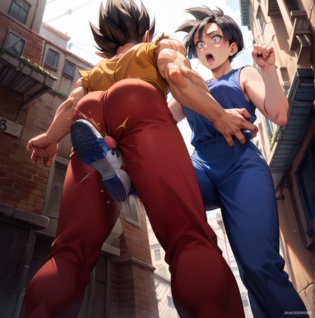 score_9, score_8_up, score_7_up, best quality, masterpiece, source_anime, rating_safe , zPDXL2, BREAK,  1boy, shocked, pain, open mouth ,crotch kick, kicking male ,ballbusting, knee kick,  back alleyway  ,<lora:crotch_kick:1.8> vegeta,  from below,