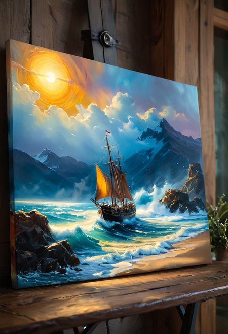 ((best quality)), ((masterpiece)), detailed soft oil painting, detailed background, dramatic cinematic lighting, soft edge lighting, professional, dramatic lighting, hard edge lighting,
ultra quality, 4k,(masteriece, best quality, 8k, ultra highres, highres:1.4), extremely detailed,  
The lonely sail turns white
In the blue sea fog!..
The waves are playing, the wind is whistling,
And the mast bends and creaks...
Below him is a stream of lighter azure,
Above him is a golden ray of sun...
by Vasnetsov, by Surikov, by Rimsky-Korsakov, 
<lora:sxz-slavic-fantasy:0.7>