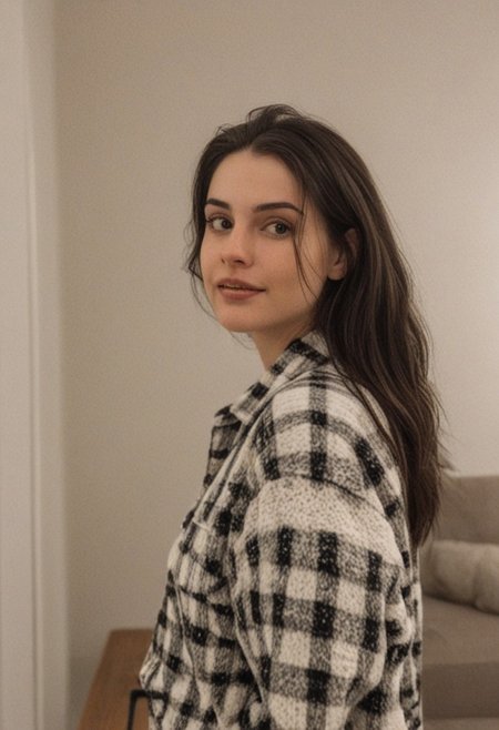30yo woman wearing Plaid Polar Fleece Shacket with white textures 
long black dark hair slick back and smooth. Kissface. 
smile. Looking at camera. POV.
happy. 
Living room. Fully furnished.
Night time.
Portrait.