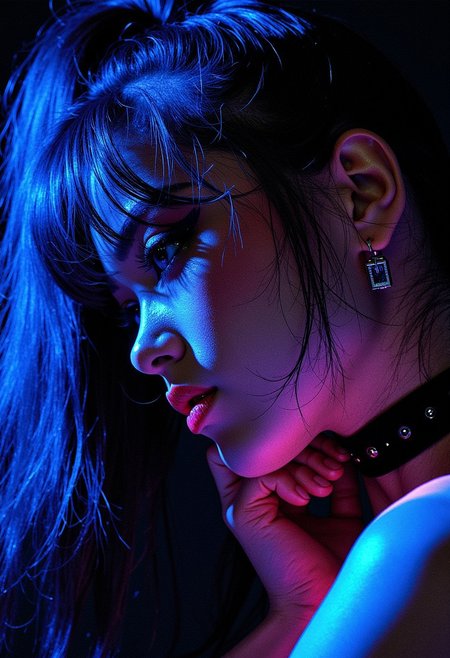 closeup zoomed in portrait of a femme fatale Japanese woman, neon blue long hair, bangs, high ponytail, earrings, dark eyeshadow, neon pink lips, choker, seductive, lustful, sultry, choker, silhouetted, professional photography, dark background, directional lighting