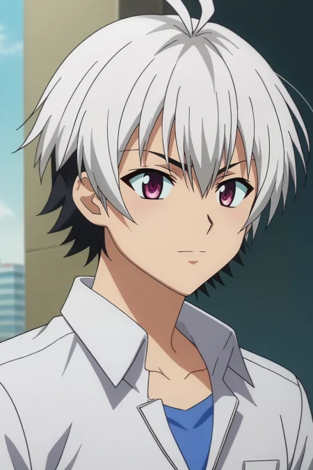 score_9, score_8_up, score_7_up, source_anime, rating_safe, intricate details, anime screencap, , official style, , depth of field, 1boy, solo, male focus, <lora:ren_elsie_jewelria_pony:1>, ren_elsie_jewelria, white hair, purple eyes, short hair, two-tone hair, multicolored hair, black hair, , , <lora:sdxl_lightning_8step_lora:1>