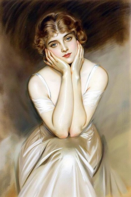 paulcesarhelleu1 illustration. 
A woman with blue eyes, light brown hair styled in soft curls, sits with her hands resting on her face, creating a contemplative expression. She wears a sheer, white dress that subtly reveals her form.
 <lora:paulcesarhelleu1_cap_d6a3e11:1.0><lora:844395295140748976:0>