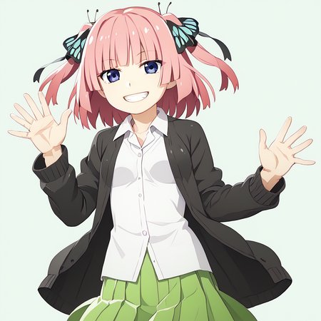 <lora:watanabeakio:2.5>watanabe akio, poyoyon rock,watanabeakio,,score_9,score_8_up,score_7_up, score_6_up, <lora:nino-nakano-pruned-ponyxl-lora-nochekaiser:0.5> 1girl,solo,nino nakano, short hair, bangs, blue eyes, hair ornament, hair ribbon, pink hair, blunt bangs, two side up, butterfly hair ornament,, nino nakano, long hair, bangs, blue eyes, hair ornament, hair ribbon, pink hair, blunt bangs, two side up, butterfly hair ornament,, skirt, shirt, long sleeves, white shirt, pleated skirt, open clothes, collared shirt, sleeves past wrists, dress shirt, cardigan, green skirt, open cardigan, black cardigan,smile,grin,close-up,waving hand,narrowed eyes