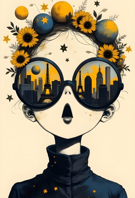 c1nna_sh4de, This is a surreal, digital art piece with a collage-like quality. It features a stylized, minimalist portrait of a woman with a stylized, elongated face. Her face is painted with a white background and black lips. She is wearing large, oversized, round sunglasses with the cityscape of a modern metropolis reflected in them. The scene inside the sunglasses includes recognizable landmarks like the Eiffel Tower and various buildings, painted with a blend of muted earthy tones and vivid yellows. The glasses have a black and dark blue frame and appear to be splattered with gold and white paint, giving them a whimsical, artistic texture. The woman's head is adorned with a halo of stars and celestial elements, including planets, stars, and flowers. The background of the portrait shows a gradient of beige tones transitioning into a lighter, off-white.
