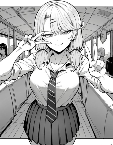 score_9, score_8_up, score_7_up, source_anime, <lora:ria-nishizono-manga-ponyxl-lora-nochekaiser:1>, ria nishizono, monochrome, greyscale, twintails, hair ornament, large breasts, hairclip, low twintails, long hair,, skirt, necktie, school uniform, pleated skirt, cleavage, shirt, miniskirt, bus stop, waiting, commuter, smartphone, checking time, cold morning, , looking at viewer, v, v over mouth, smug,, solo,, cowboy shot, dutch angle