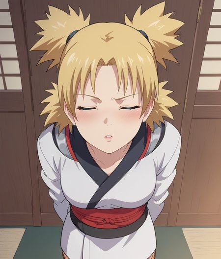 score_9, 1girl,solo,  <lora:Incom_Pony:0.6> incom, closed eyes, facing viewer, parted lips,cowboy shot,face focus,from above, <lora:Temari_Pony:0.8> tr, blonde hair, quad tails, blue eyes, fishnets, long sleeves, fingerless gloves, japanese clothes,raised eyebrow, arms behind back,blush,