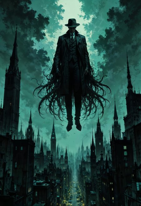 a dark, atmospheric style, depicting a mysterious figure hovering above a cityscape. The layout is vertical, with the figure centrally positioned against a backdrop of tall, shadowy buildings under a cloudy, teal sky. The subject is a humanoid figure wearing a suit and a bowler hat, with an obscured face, emanating numerous dark, tentacle-like appendages from its body. The city below is dimly lit, with a few scattered lights and indistinct silhouettes of buildings, creating a sense of depth and eeriness. The overall color palette is dominated by shades of teal, gray, and black, enhancing the ominous and surreal atmosphere of the scene.