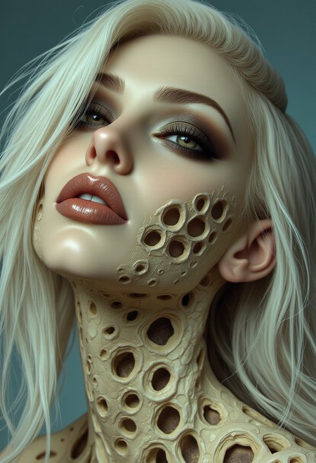 A highly detailed close-up portrait of a woman with porous, bone-like skin, covered in intricate, hollowed-out cavities resembling fossilized coral or aged ivory. The delicate lattice of carved openings extends from her forehead, across her cheeks, and down her elongated neck, with some areas appearing smoothly polished, while others have natural cracks and weathered textures. The openings vary in size and depth, creating a layered, organic structure. Her large, golden-amber eyes are framed by dark, smudged makeup, contrasting against her pale, porcelain-like complexion. Her full lips are painted a deep burnt red, standing out vividly against the neutral bone tones of her skin. Her platinum-white hair cascades around her face, with soft, fine strands resting against the rigid hollows of her cheekbones. Some strands are partially illuminated by soft, diffused lighting, creating subtle highlights that emphasize the contrast between her organic, flowing hair and structured, sculpted facial features. The lighting is soft and directional, casting shadows that settle into the carved recesses of her skin, accentuating the depth of the hollowed-out forms. The background is abstract and softly blurred, composed of cool, desaturated tones, ensuring that all focus remains on the intricate details of her face and skin texture. The composition is tight and hyper-detailed.