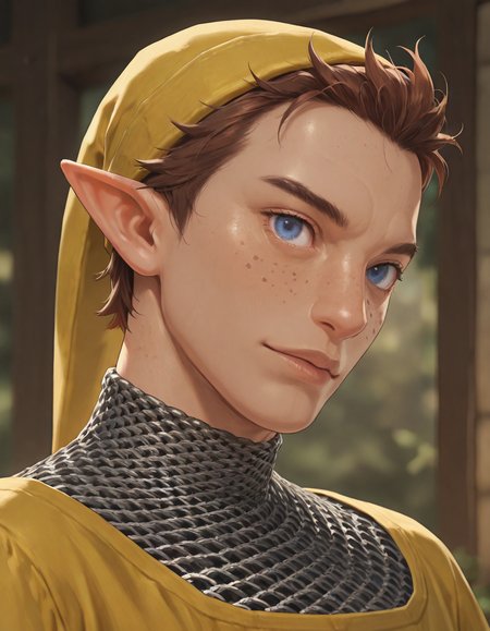 masterpiece, best quality, newest, perfect quality, best quality, detailed background, intricate details, male focus, realistic, <lora:Pipit - Zelda Skyward Sword - Illustrious-000006:0.8> ss_pipit, 1boy, mature male, pointy ears, brown hair, short hair, blue eyes, freckles, yellow hat, yellow tunic, chainmail undershirt, head tilt, looking at viewer, portrait
