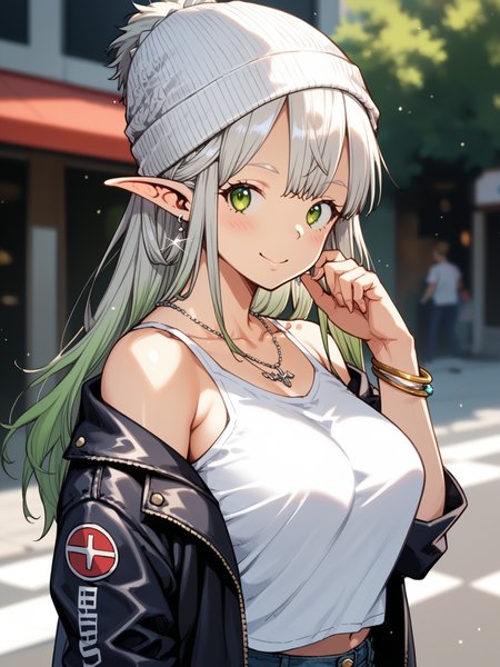 (upper body, solo focus:1.2) <lora:happy_tentacle-himono_elf-v0.1-000024:1>, ht_himono_elf, green eyes, silver hair, large breasts (petite:1.2), <lora:Shed_The_Skin's StS_age_slider_v1_initial_release:-1.2> ( (bare shoulders :1.1) :1.1) ( , , ( :1.2) , seductive smile , looking back :1) , outdoors, vegetation, ( :1.1), , (dawn :0.6), , (:0.5), , ( :0.9), (contemporary, streetwear:1.2), torn jeans, denim , beanie , t-shirt , jacket , two-sided fabric, (jewelry:1.2), earrings, bracelet, necklace, (gradient hair:1.2) , ( :0.8) score_9, score_8_up, score_7_up, score_6_up, score_5_up, score_4_up, ( [(realistic, photorealistic:1.3):(realistic:1.2):16] [(3d:1.2)::14] :1) <lora:LUUNA's Lunas-NijiJourney-SDXL-B2:0.35>, nijijourney <lora:prgfrg23's Counterfeit-V3.0 Style SDXL_LoRA_Pony Diffusion V6 XL:0.5> <lora:mfcg's mfcgXL:0.12> <lora:reweik's gyokai(himehajime)_PonyXL_style_v01:0.14>