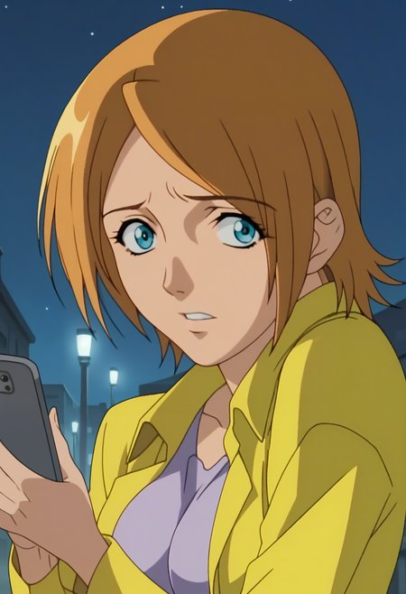 score_9, score_8_up, score_7_up, score_6_up, anime screencap, anime coloring, <lora:TheUrotsukiMob1_epoch_9:0.9>, MinakoHaruno, 1girl, solo, orange hair, short hair, blue eyes, breasts,
yellow jacket, long sleeves, purple dress, white thighhighs, legs, open jacket, 
looking at viewer, upper body, holding phone, scared, grey phone,
BREAK (street:1.1), night sky, night, lamppost,