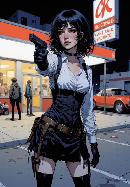 detailed digital illustration of a young woman aiming a matte black G17Model Glock pistol in her hand with finger on the trigger, she wears corset, velvet skirt outfit, fast food parking lot at night,, Mangaka style<lora:Mangaka V2.safetensors:1.0:1.0> <lora:Glock (G17)_epoch_12.safetensors:1:1>