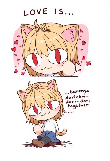 love1s. "love is" style illustration showing an image of Neco Arc, a chibi with short, messy, light tan hair. She has large, red eyes and cat ears. She is wearing white turtleneck sweater, blue pleated skirt, black thighs and brown footwear.
She is embarrassed, her face covered with blush. At the top of the image there is an inscription "LOVE IS...", atr the bottom of the image isncription is "...burenya dori-dori-dori together". Both inscripton are bold italic font. 
Background is abstract and love-themed, with hearts and particles