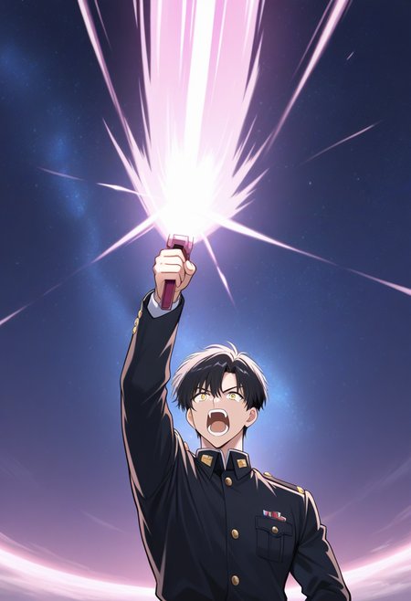 masterpiece, best quality, ultra-detailed, absurdres, newest, 1boy, solo, black hair, yellow eyes, black military uniform, holding beam weapon, transamraiser, pink beam, giant beam, one arm up, outer space, upper body, open mouth, shouting, straight on