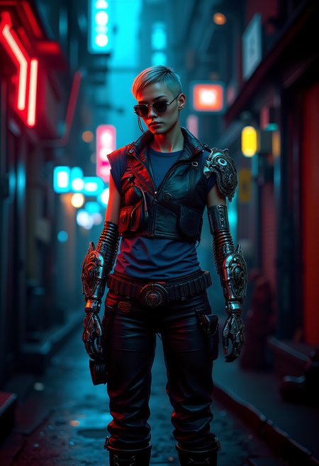 Amidst the vibrant cyberpunk metropolis, a young vikingpunk mercenary stands out in a neon-lit alley, her cybernetic implants and (biomechanical cybernetic mechanical_arms with organic elements fused with metal, pulsing veins, biomechanical textures), glowing in the city's light.  She wears a futuristic vikingpunk outfit, including leather_vest, wide combat style leather_belt, shirt, leather_pants, with combat_boots. The ensemble is reminiscent of vintage viking armor with a completely futuristic aesthetic.  The alley, bustling with urban life, sets the stage for her confident presence. Her short undercut hair and terminator-style sunglasses create a distinctive look, representing the fusion of her cultural heritage and futuristic enhancements. This scene, with its atmospheric lighting and urban environment, captures the essence of a viking woman, transported through time, navigating this new world, leaving a lasting impression in the heart of the city.   <lora:scifi/fluxVikingPunk_v2.safetensors:0.7>,  <lora:flux_trainer/fluxPunk_v1.safetensors:1.0>,