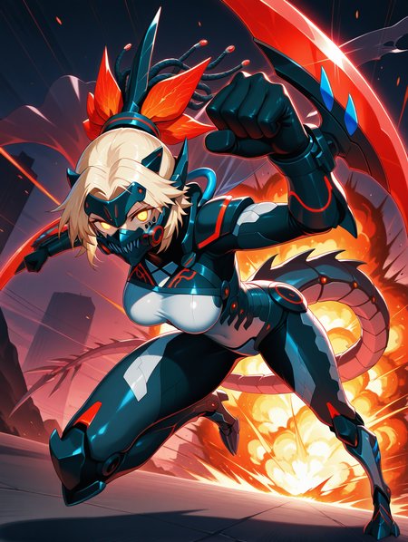 dinomorphia kentregina,1girl,solo,mechanical claw boots,mouth mask,looking at viewer,medium breasts,glowing eyes,clenched hand,grey bodysuit,explosion,mechanical forehead protector,facial mark,red arm blade,mechanical gauntlets,mechanical headgear,see-through cape,mecha dragon girl,fighting stance,
masterpiece,best quality,amazing quality,very aesthetic,absurdres,newest,<lora:Dinomorphia Kentregina illuXL v1:0.7>,