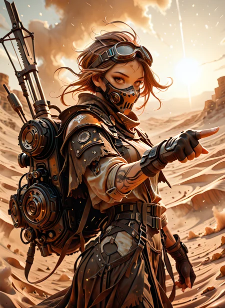 absurdres, best_quality, masterpiece, highres, RAW photo, DSLR, cowboy shot, from side, extremely_detailed, looking_at_viewer, head_turned_to_viewer, sharp_focus, dynamic_pose, wearing_backpack, cinematic_composition, subject_focus, woman_standing, powerful_pose, dominant_female, intense_gaze, confident_expression, windblown_hair, tattered_cloak, desert_nomad_outfit, leather_straps, layered_fabrics, fingerless_gloves, goggles_on_head, dust_mask, shoulder_armor, sun-scorched_skin, post_apocalyptic_fashion, sandstorm_background, barren_landscape, cracked_earth, sun_haze, orange_and_brown_color_palette, harsh_lighting, rim_light, dust_particles, wind_effect, atmospheric_shadows, futuristic_scrap_gear, makeshift_weapon_on_back, (very_awa, masterpiece, best_quality, year_2024, newest, absurdres, highres:1), pointing at viewer,  holding weapon,
 <lora:SLE_v2:0.7>, <lora:illustrious_quality_modifiers_masterpieces_v1:1>, <lora:FINALE:0.6>