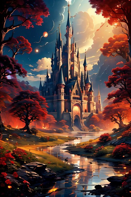 (Realistic:1.5), A glittering, mystical palace surrounded by a vast, shimmering lake., monster, red theme, standing, edobhorrorlandscape, red eyes, fireflies, solo, cloudy sky, blood, dark, no humans, red moon, night, tree stump, night, signature, garden, watermark, sunbeam, sunbeam, <lora:EdobHorrorLandscape_v1.0:0.6>  <lora:EdobFairyTaleLandscape_v1.0:0.6>