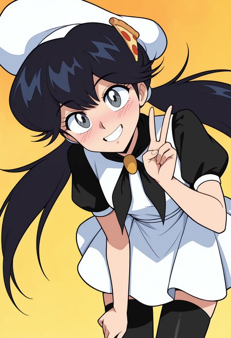 highres, best quality, masterpiece, yellow background, orange background,
anime screencap, 1990s \(style\),
1girl, solo, pprmoc, black hair, long hair, low twintails, grey eyes, retro artstyle, 
hat, white headwear, pizza slice hair ornament, white dress, black neckerchief, puffy short sleeves, black sleeves, black thighhighs,
looking at viewer, smile,
blush, leaning forward, v, teeth,
<lora:_peppina_ramen_ketrindarkdragon-oc-elesico-ilxlE:1>