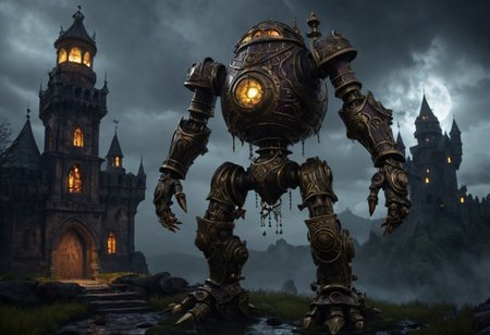 giant bipedal robot brass and dark purple striped paint, bronze paisley robot. lacy robot metal. glass jar helmet torso head. outside of a steampunk keep. large detailed torso. dark image. one forty foot tall ancient robot with great arms and two heavy spring legs. dark foggy night background. $dark foggy night image only. dark photo realistic image. steampunk details. cogs, chains and pipes incorporated in the fantasy buildings. magic wizards tower in background. Dark swamp, moss, castle ruins, wizards tower. stormy dark night.  stormy sky.  rain