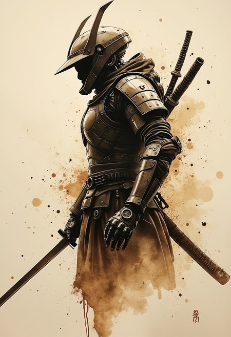 Expressive Watercolor Ink Wash, Inkplash art on rice paper, sepia, henna , Silhouette Art, magnificent, broad expressive brushstrokes, cyberpunk cyborg assassin wearing futuristic samurai helmet and armour, robotic joints, holding a katana with both hands in a dynamic defensive stance